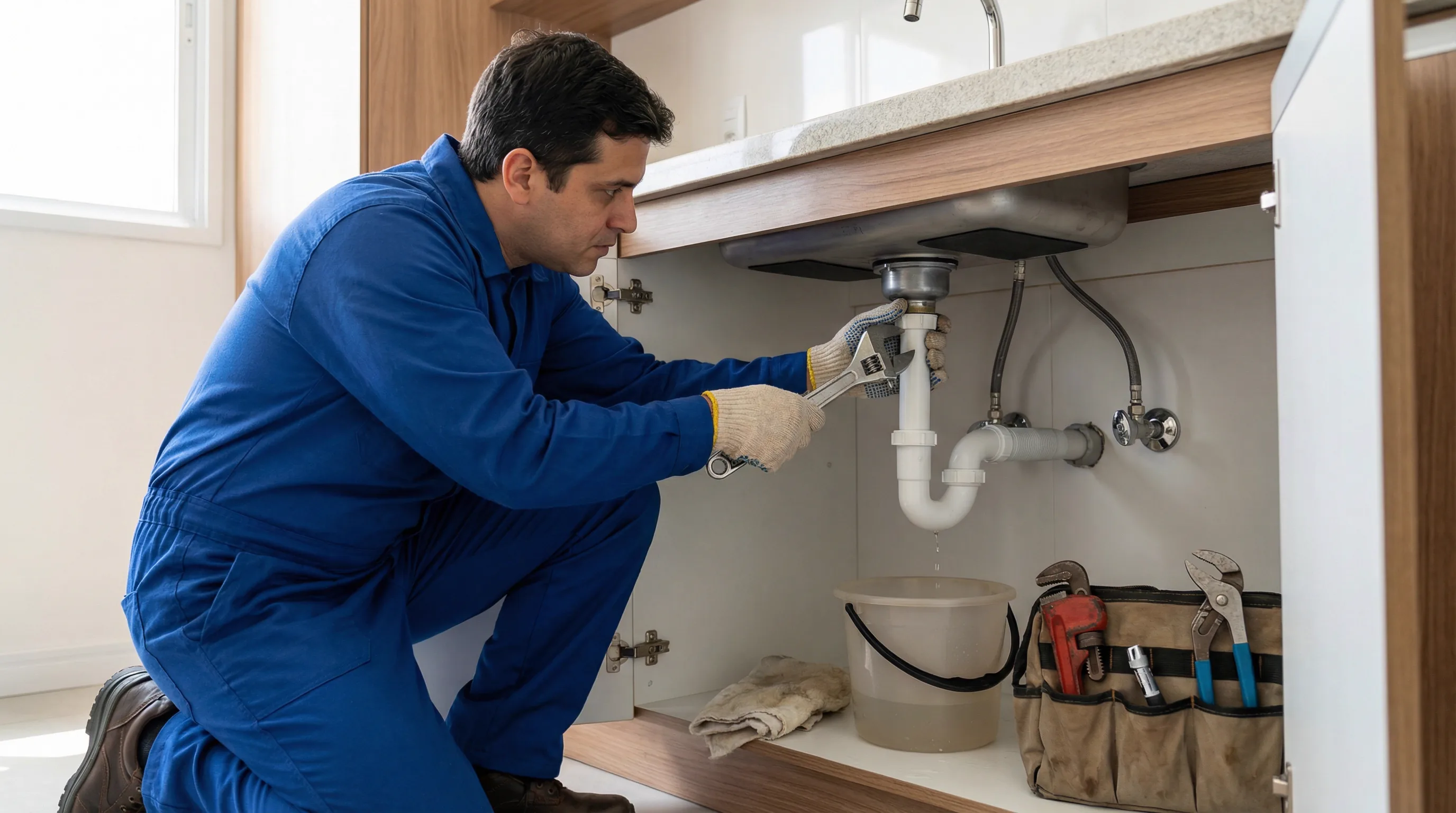 Encanador profissional realizando inspeção hidráulica em residência